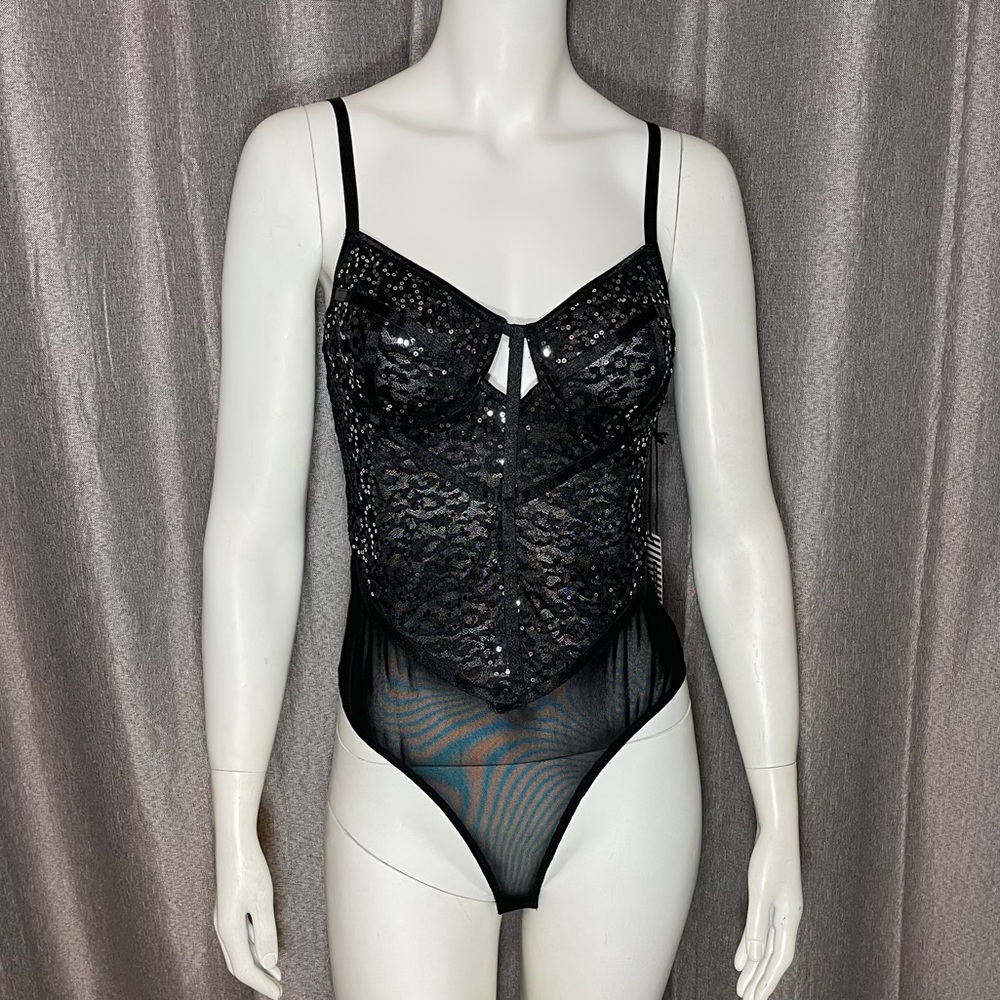 Haute Monde Black Mesh Cheetah Sequin Bodysuit